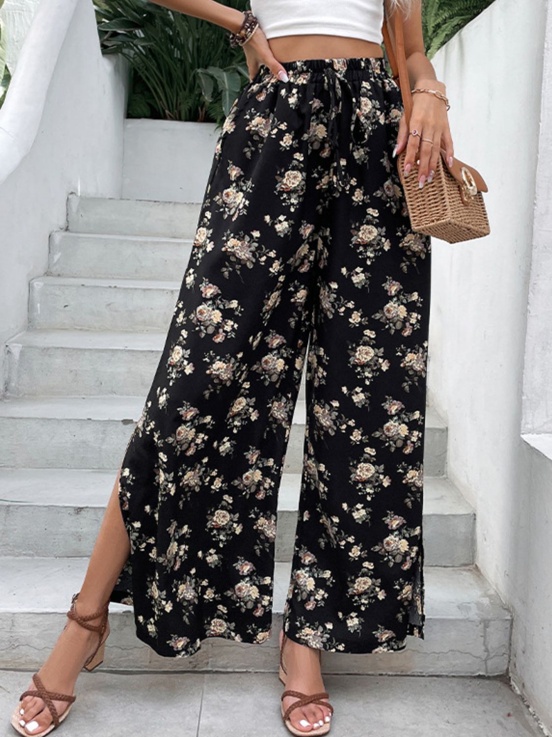 Floral Side Slit Wide Leg Pants-Teresa&#39;s Fashionista LLC