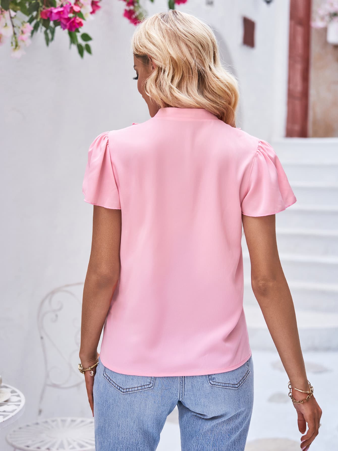 Tie Neck Frill Trim Puff Sleeve Top-Teresa&#39;s Fashionista LLC