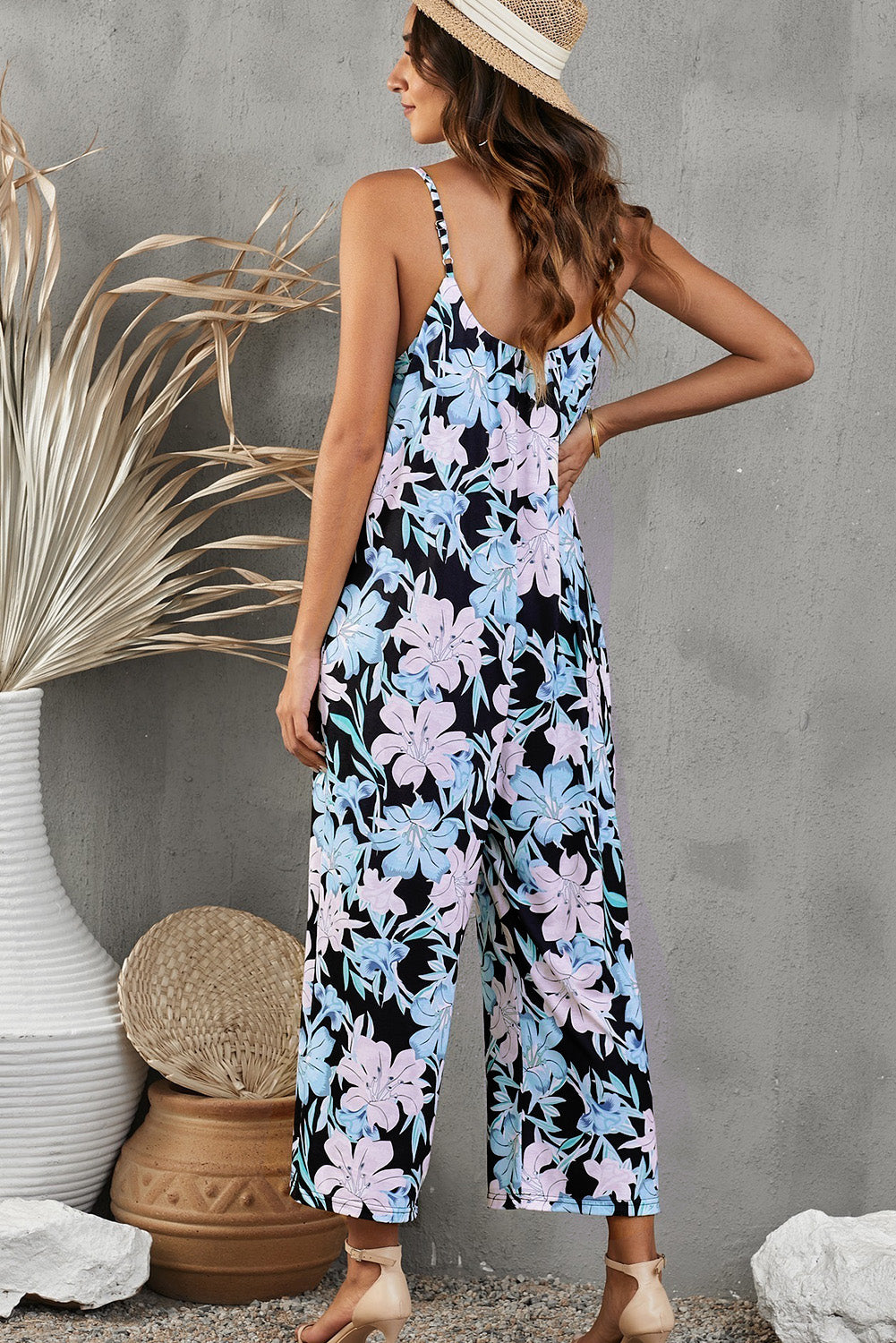 Botanical Print Spaghetti Strap Cropped Jumpsuit-Teresa&#39;s Fashionista LLC