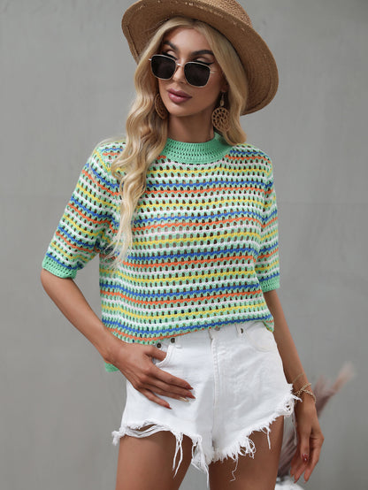 Striped Openwork Half Sleeve Knit Top-Teresa&#39;s Fashionista LLC