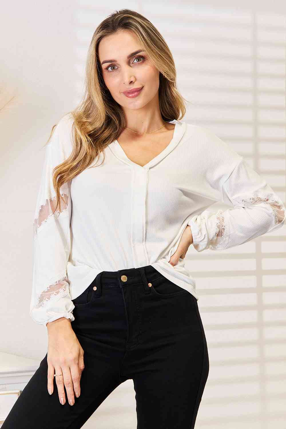 Double Take V-Neck Dropped Shoulder Blouse-Teresa&#39;s Fashionista LLC