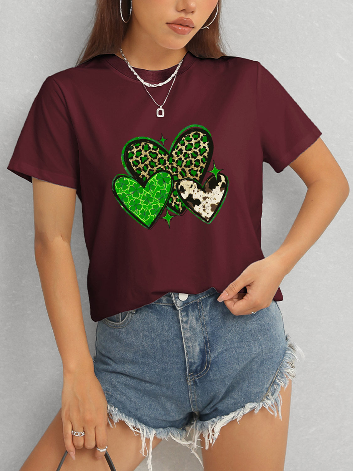 Heart Round Neck Short Sleeve T-Shirt-Teresa&#39;s Fashionista LLC