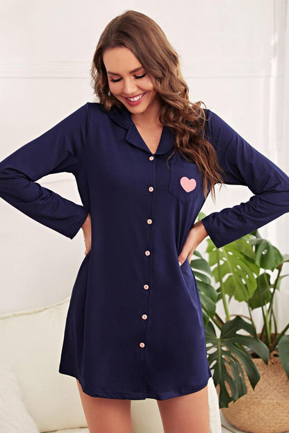 Heart Graphic Lapel Collar Night Shirt Dress-Teresa&#39;s Fashionista LLC