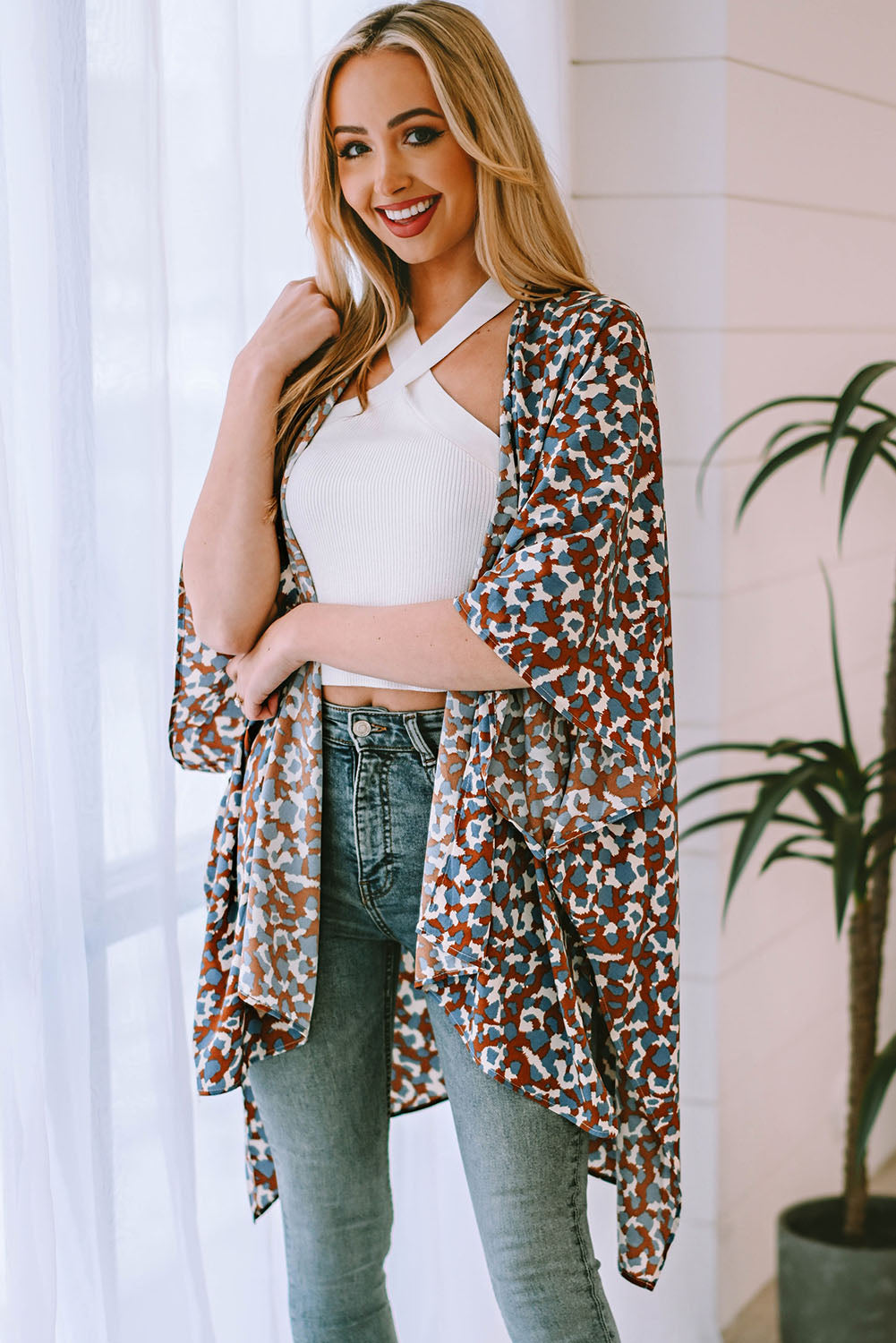 Printed Open Front Three-Quarter Sleeve Cover Up-Teresa&#39;s Fashionista LLC