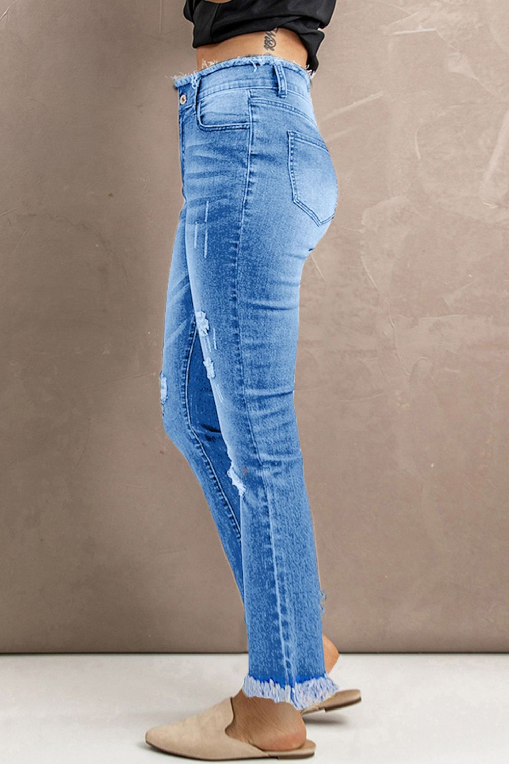 High Waist Distressed Raw Hem Jeans-Teresa&#39;s Fashionista LLC