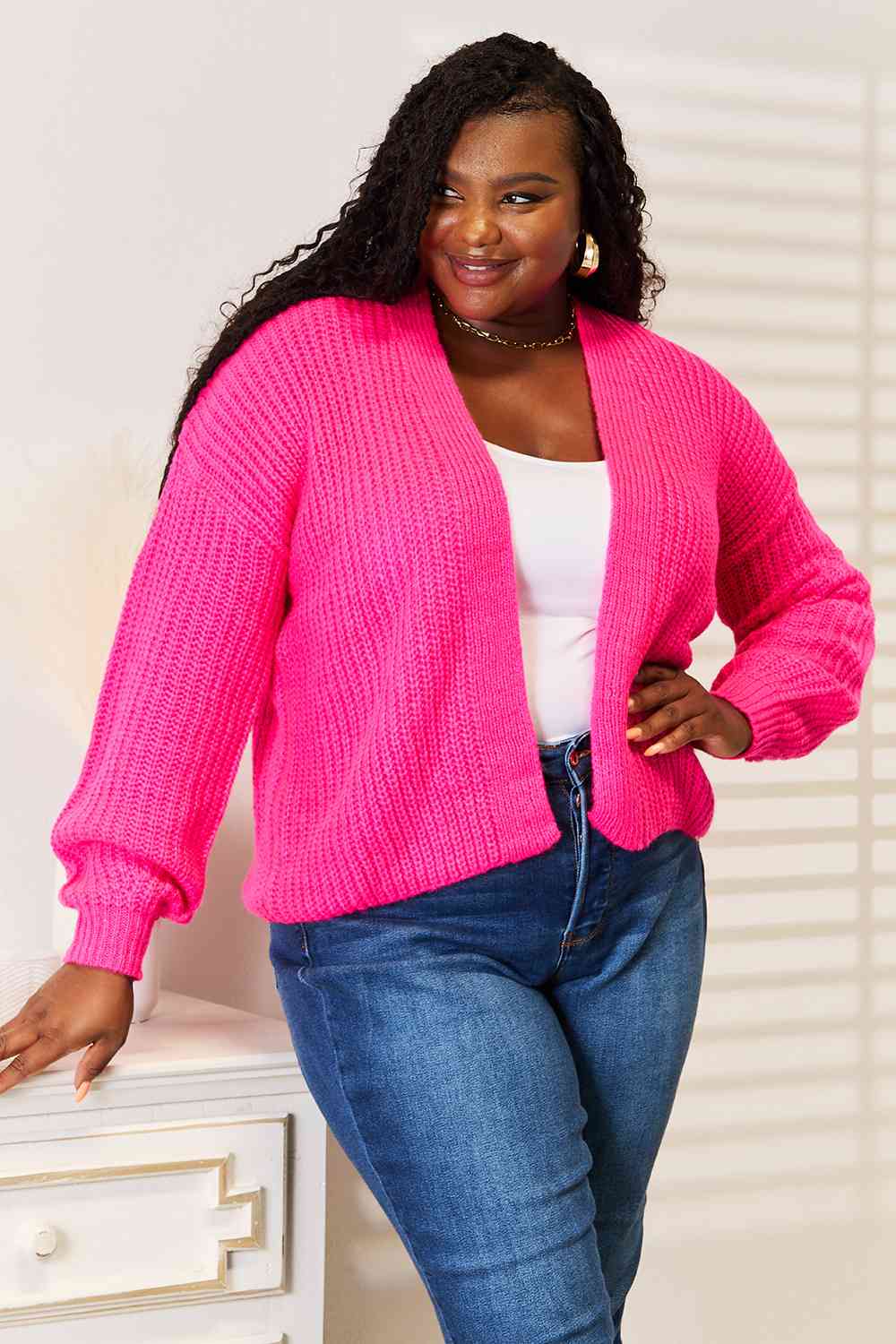 Woven Right Rib-Knit Open Front Drop Shoulder Cardigan-Teresa&#39;s Fashionista LLC