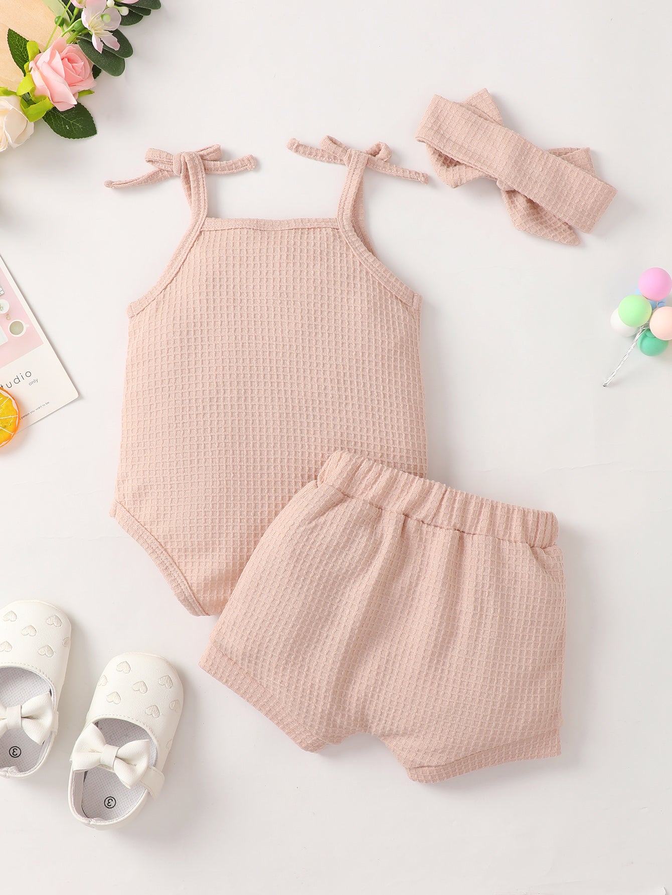 Baby Girl Waffle-Knit Tie-Shoulder Top and Shorts Set-Teresa&#39;s Fashionista LLC