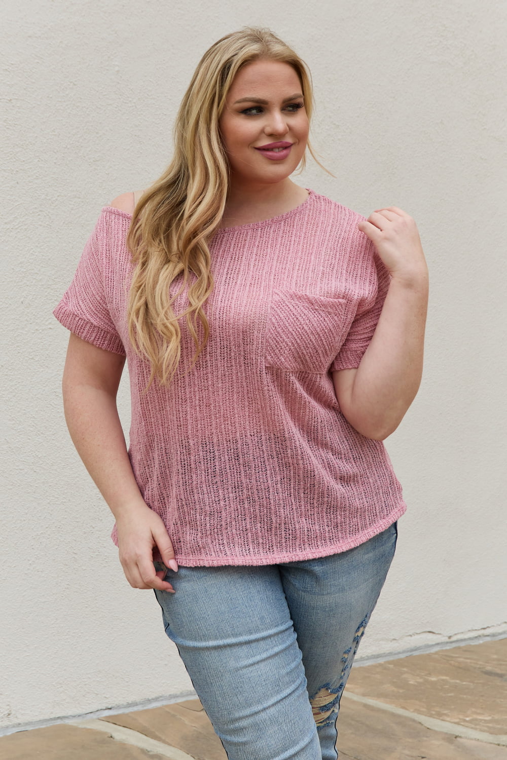 e.Luna Full Size Chunky Knit Short Sleeve Top in Mauve-Teresa&#39;s Fashionista LLC