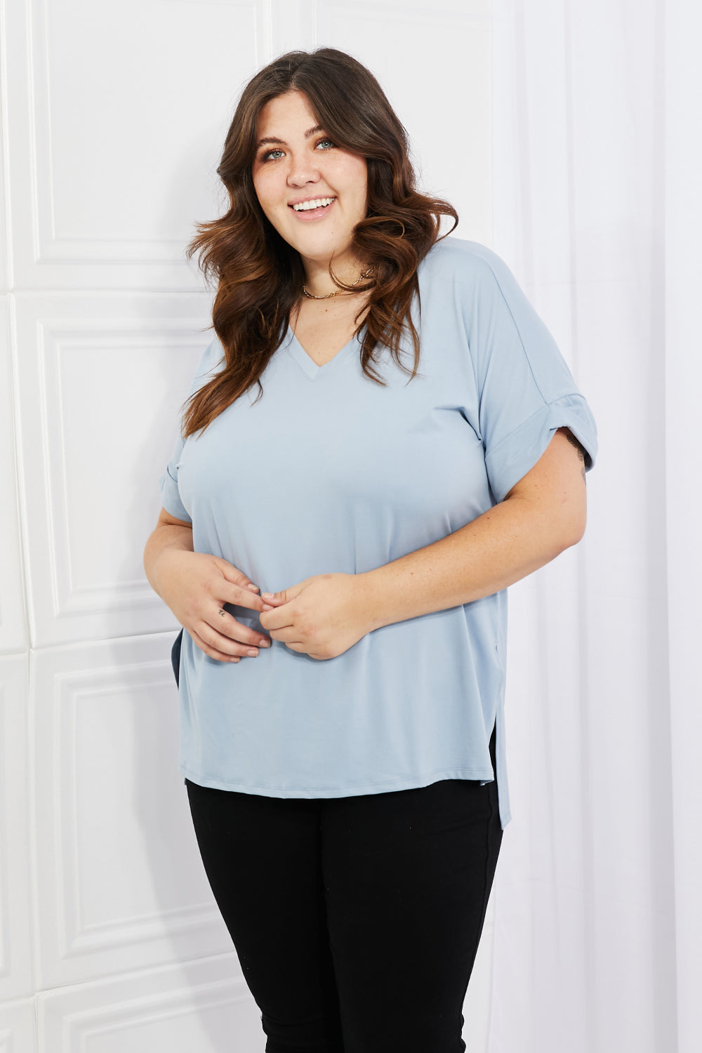 Zenana Simply Comfy Full Size V-Neck Loose Fit Shirt in Blue-Teresa&#39;s Fashionista LLC