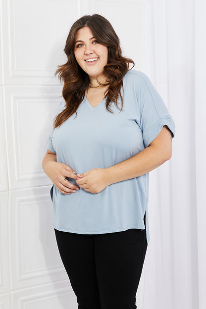 Zenana Simply Comfy Full Size V-Neck Loose Fit Shirt in Blue-Teresa&#39;s Fashionista LLC