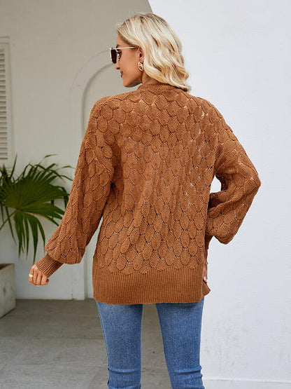 Openwork Open Front Lantern Sleeve Cardigan-Teresa&#39;s Fashionista LLC