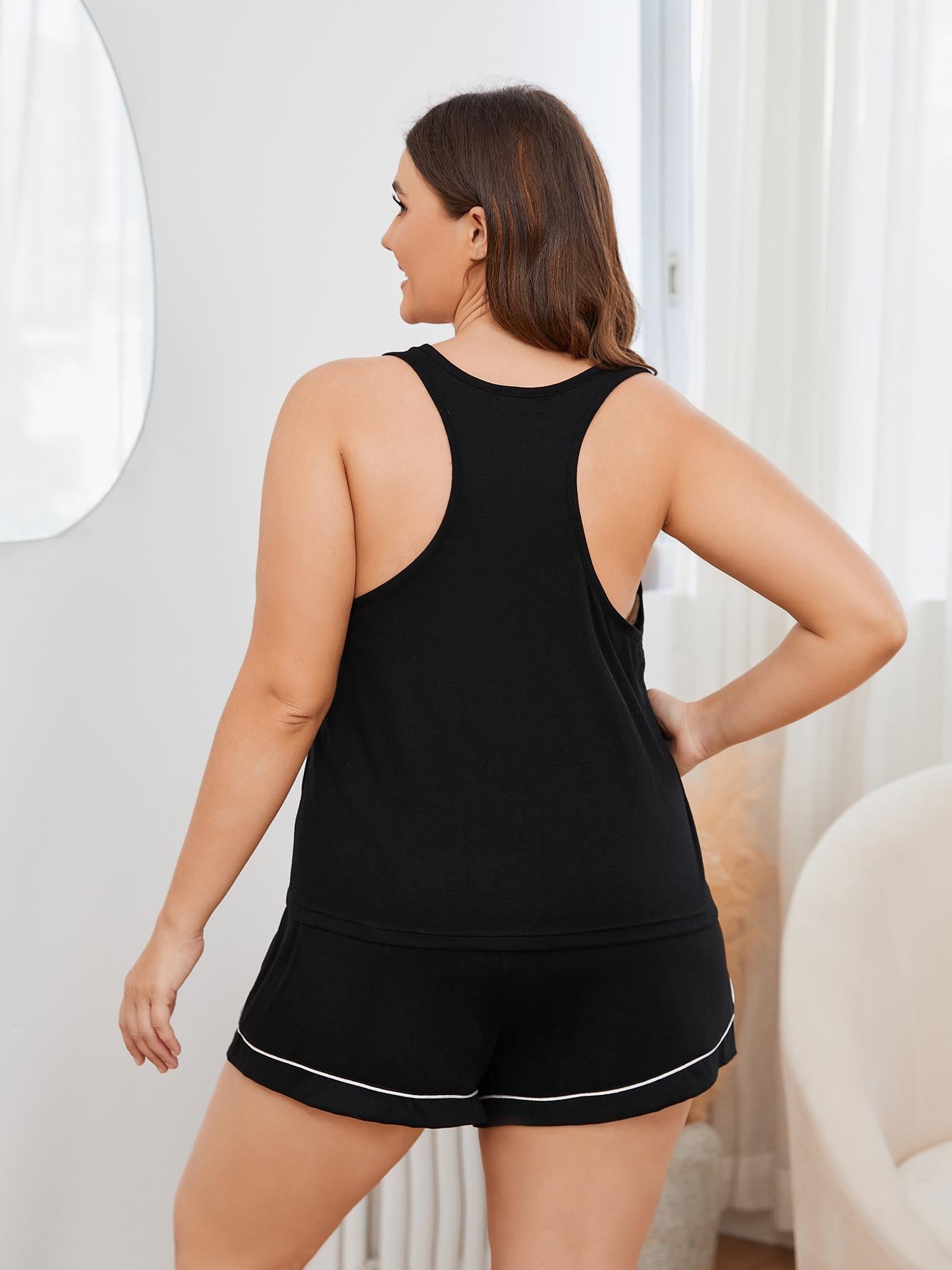 Plus Size Contrast Piping Racerback Tank and Shorts Lounge Set-Teresa&#39;s Fashionista LLC