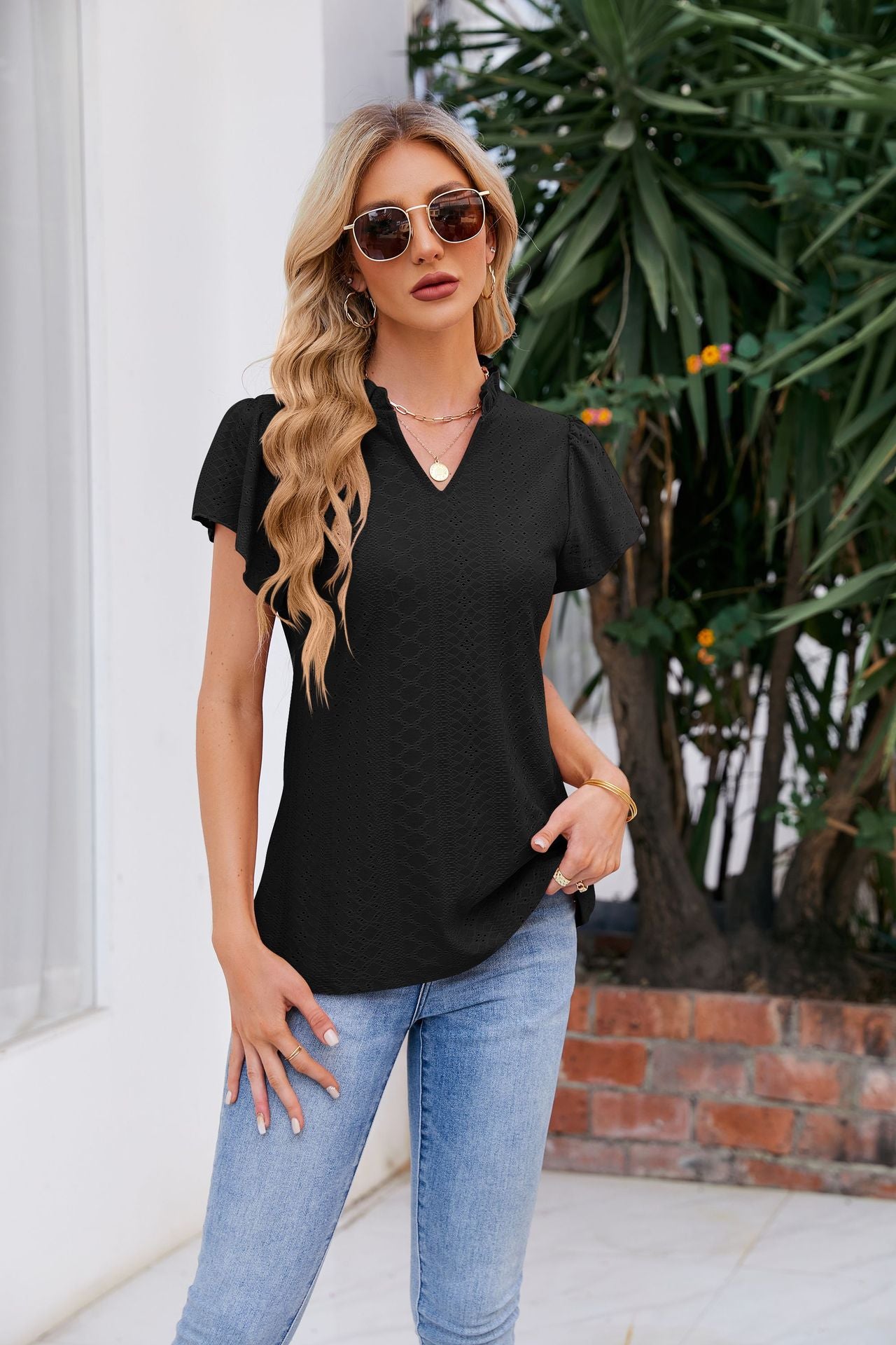 Notched Neck Puff Sleeve Blouse-Teresa&#39;s Fashionista LLC