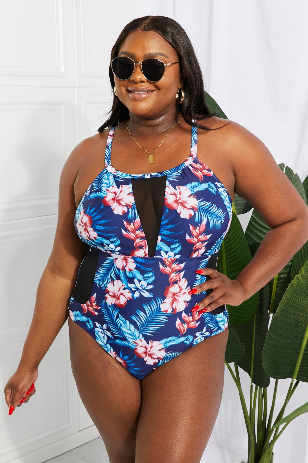 Floral Crisscross Spliced Mesh One-Piece Swimsuit-Teresa&#39;s Fashionista LLC