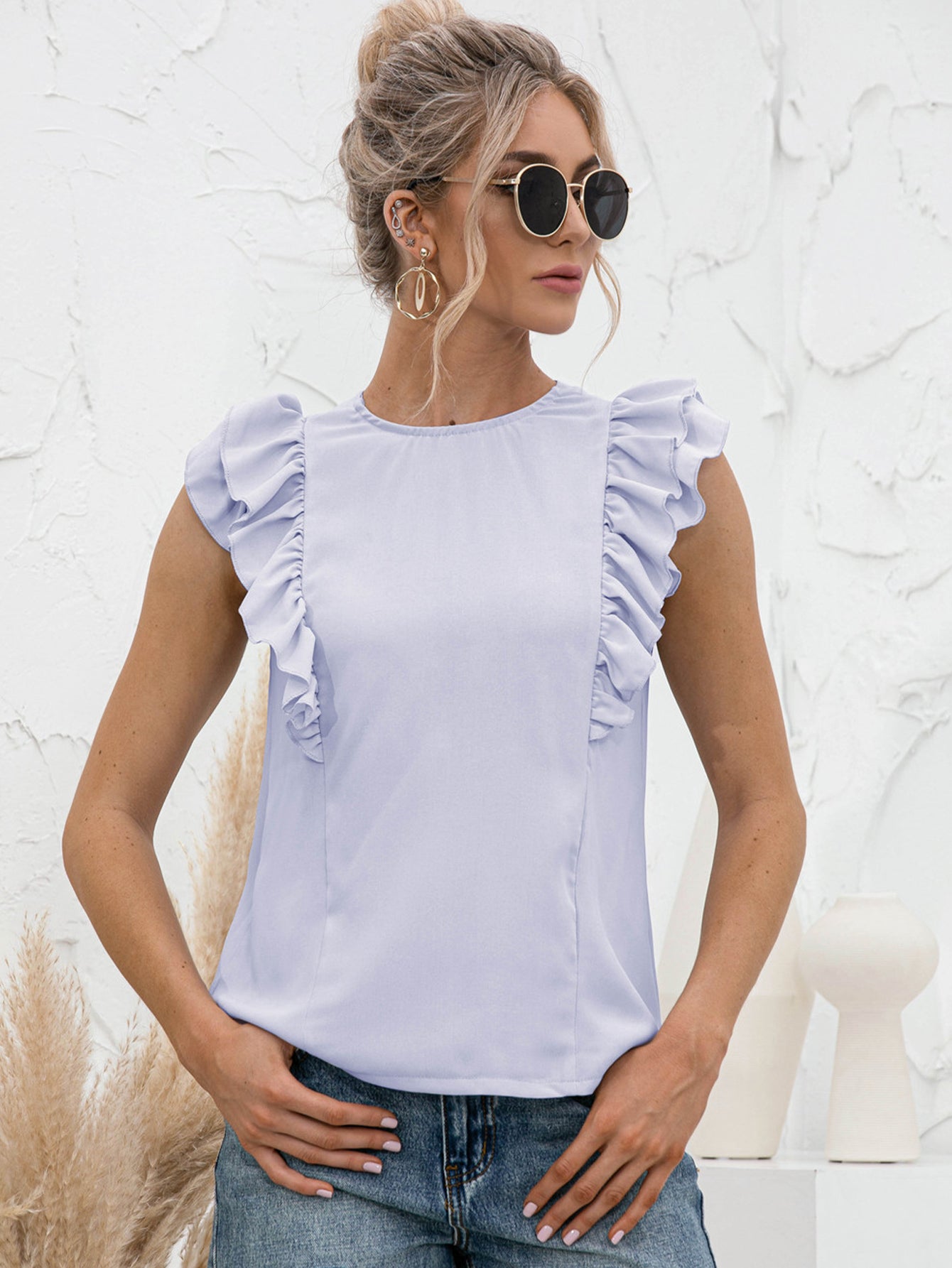 Round Neck Tied Open Back Flutter Sleeve Top-Teresa&#39;s Fashionista LLC