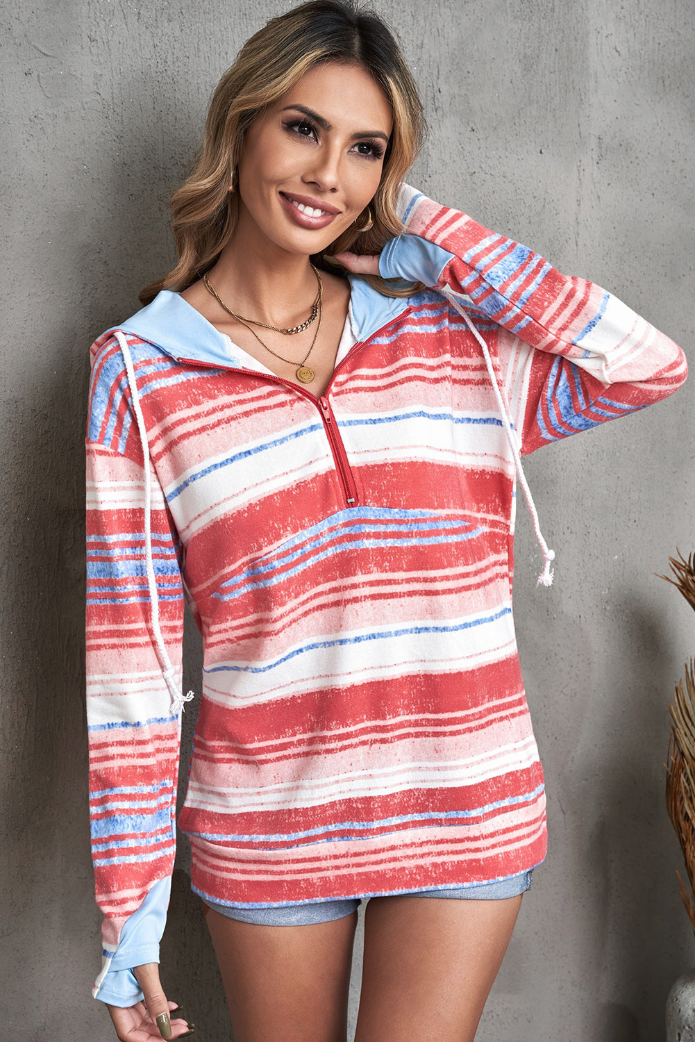 Multicolor Striped Half Zip Hoodie-Teresa&#39;s Fashionista LLC