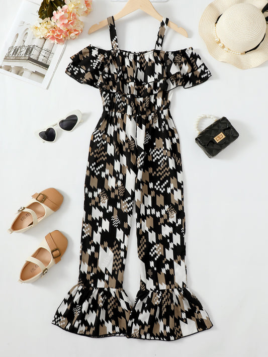 Printed Cold-Shoulder Flare Leg Jumpsuit-Teresa&#39;s Fashionista LLC