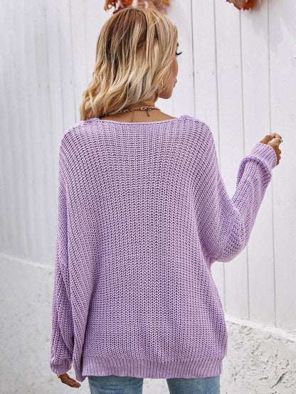 Rib-Knit Drop Shoulder V-Neck Pullover Sweater-Teresa&#39;s Fashionista LLC