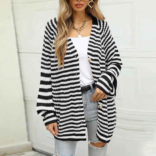 Striped Button Down Long Sleeve Cardigan-Teresa&#39;s Fashionista LLC