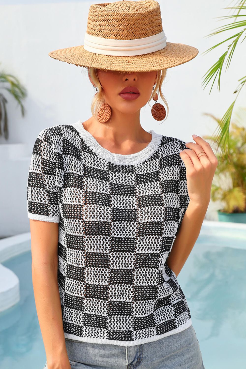 Checkered Short Sleeve Knit Top-Teresa&#39;s Fashionista LLC