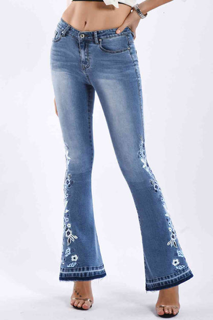 Full Size Flower Embroidery Wide Leg Jeans-Teresa&#39;s Fashionista LLC