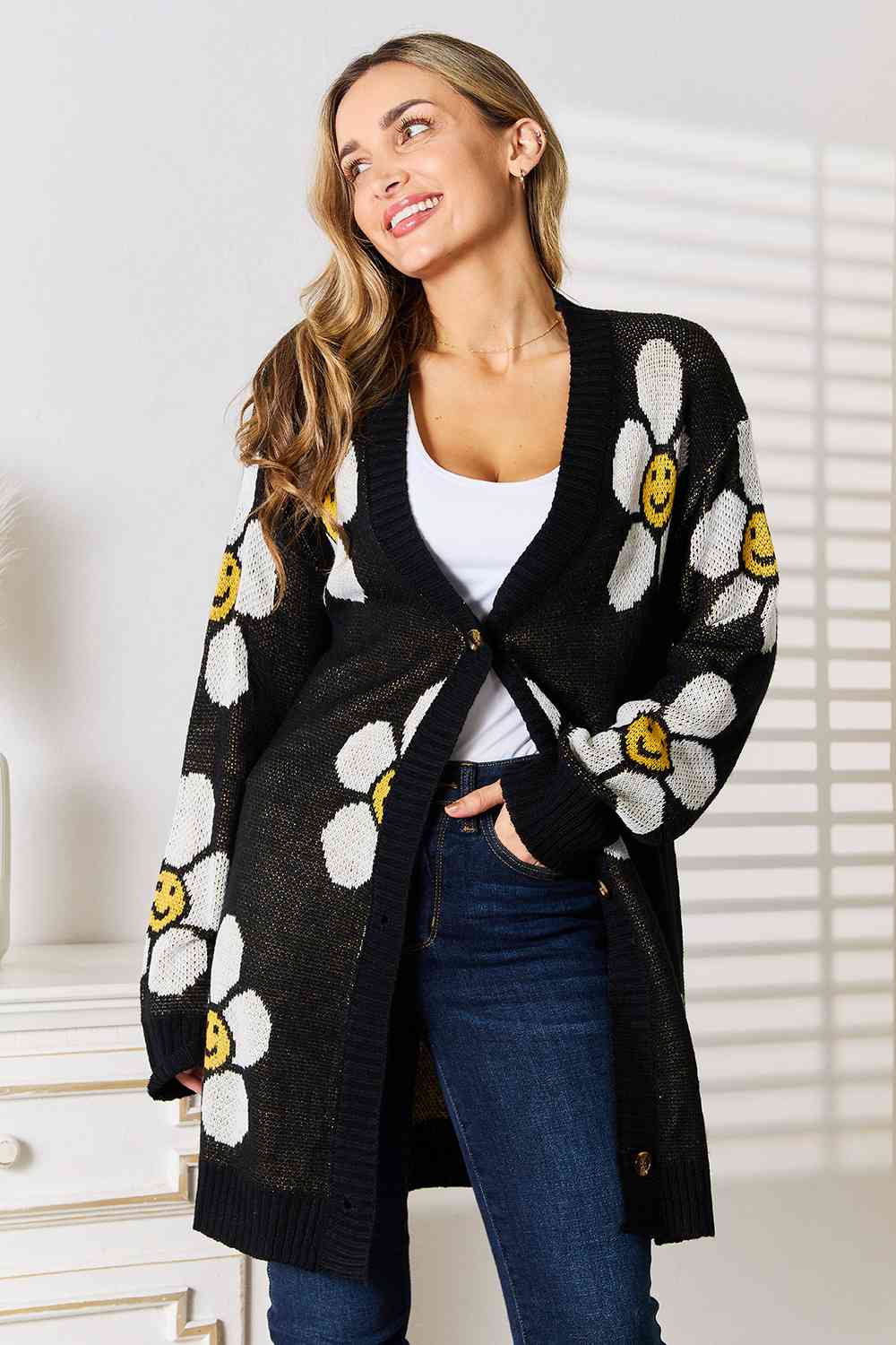 Double Take Floral Button Down Longline Cardigan-Teresa&#39;s Fashionista LLC