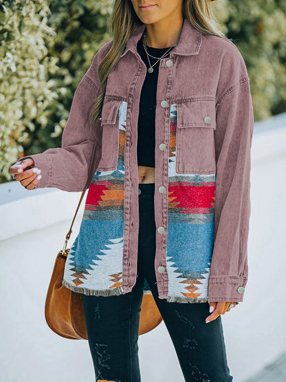 Dropped Shoulder Long Sleeve Printed Denim Jacket-Teresa&#39;s Fashionista LLC