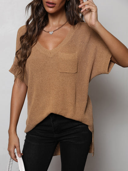 V-Neck Slit High-Low Knit Top-Teresa&#39;s Fashionista LLC