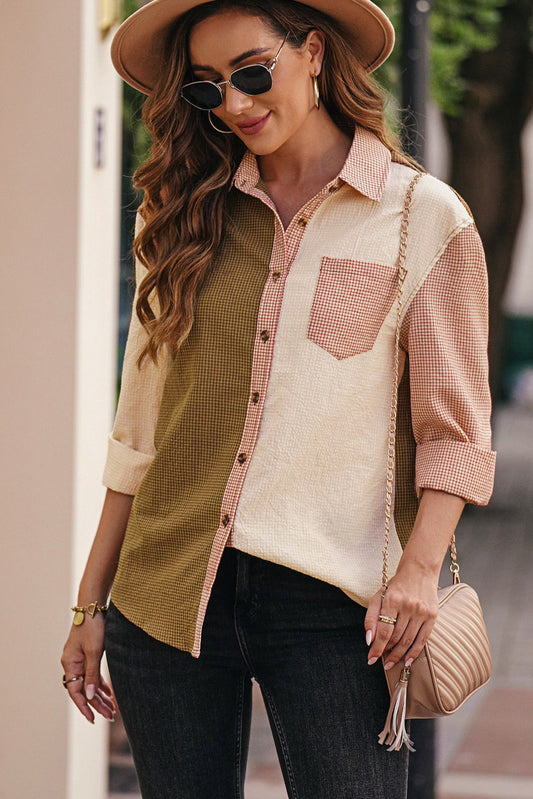 Grid Color Block Button-Up Shirt-Teresa&#39;s Fashionista LLC