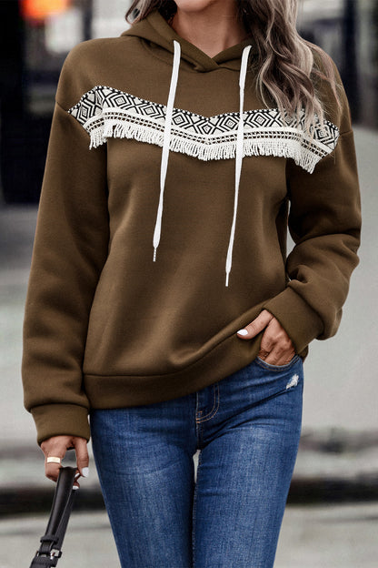 Contrast Fringe Detail Dropped Shoulder Hoodie-Teresa&#39;s Fashionista LLC