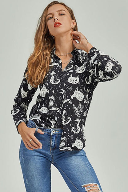 Cat Print Button-Up Shirt-Teresa&#39;s Fashionista LLC