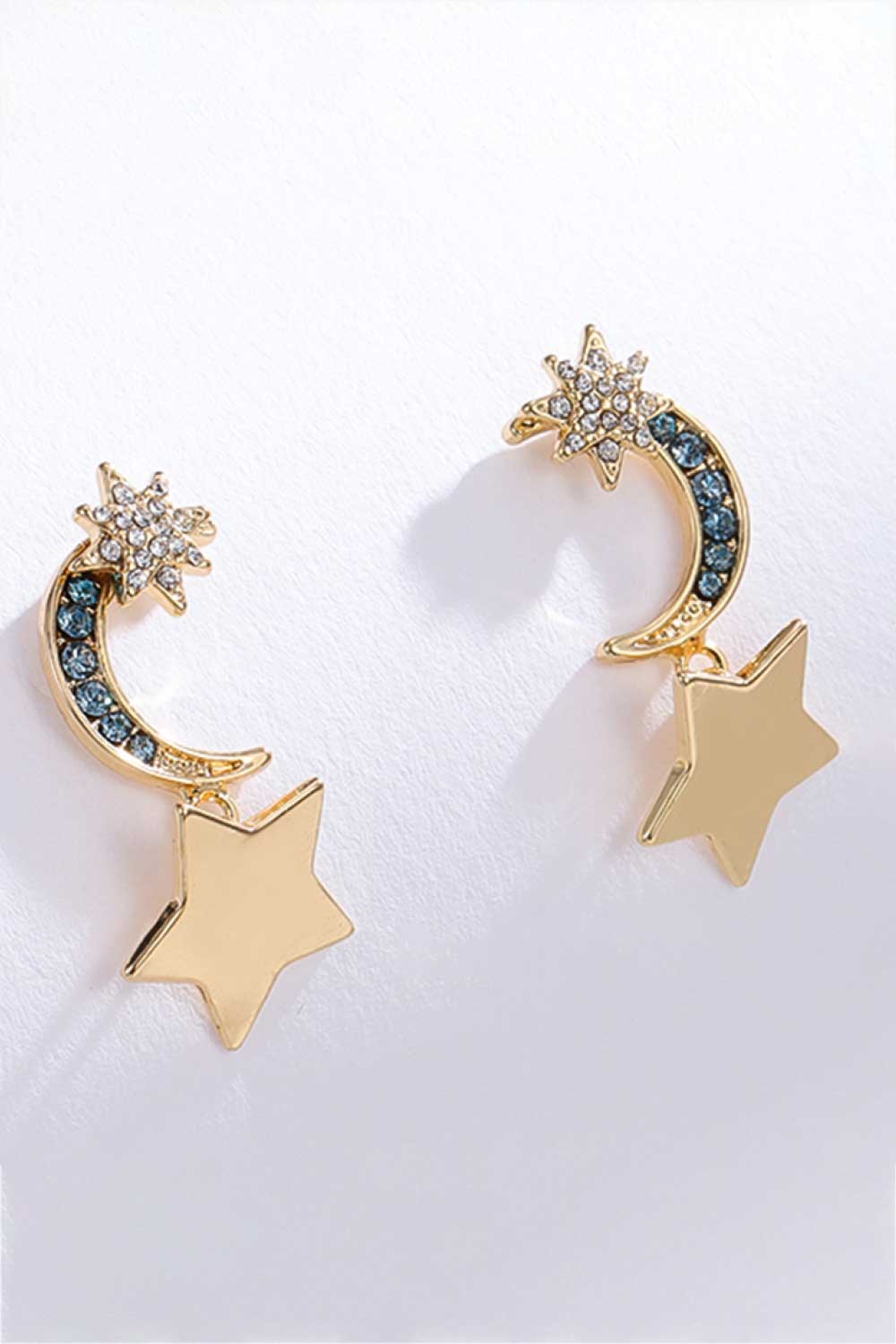 Lasting Wish Inlaid Rhinestone Star and Moon Drop Earrings-Teresa&#39;s Fashionista LLC