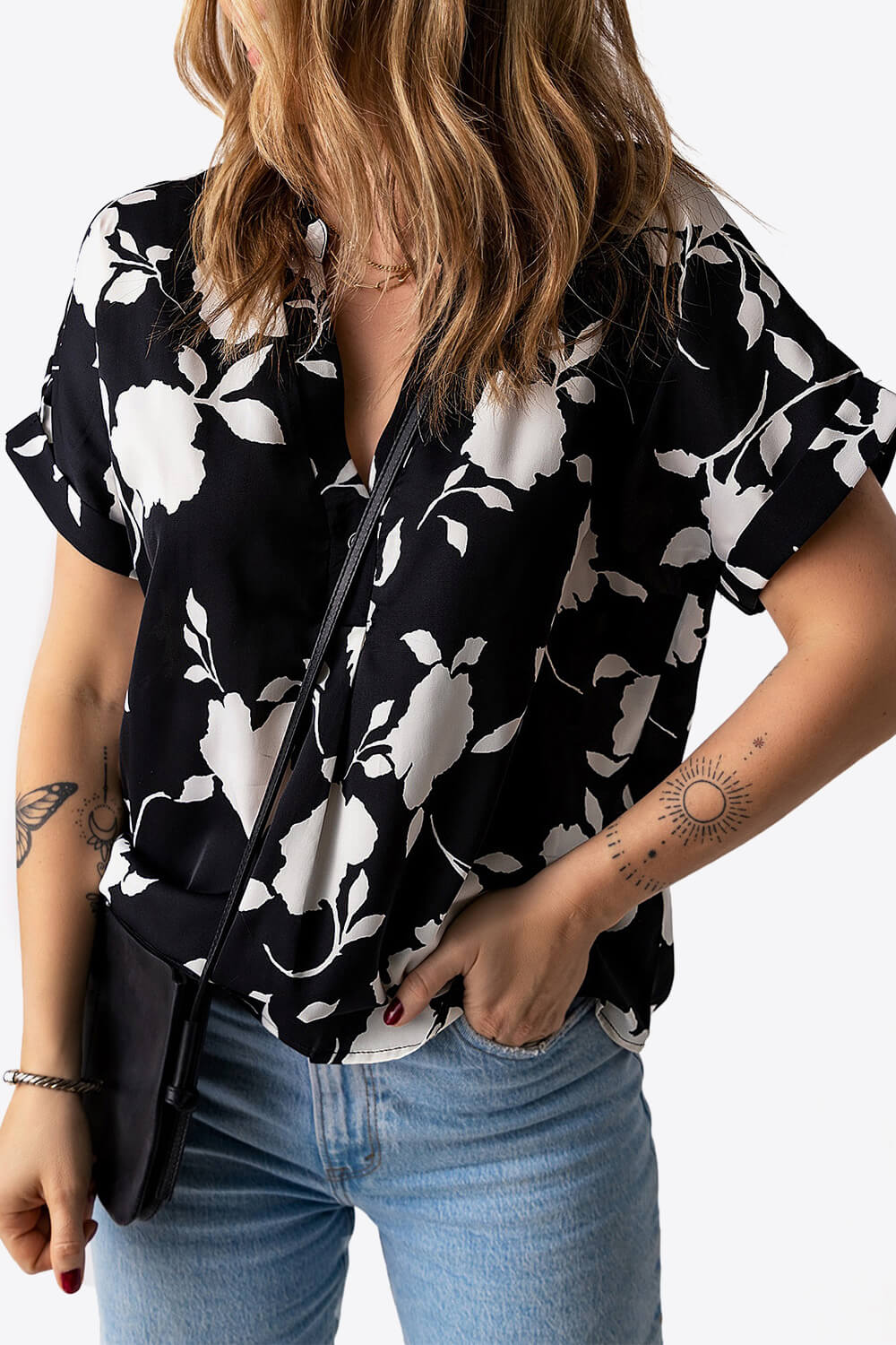 Floral Notched Neck Cuffed Short Sleeve Blouse-Teresa&#39;s Fashionista LLC