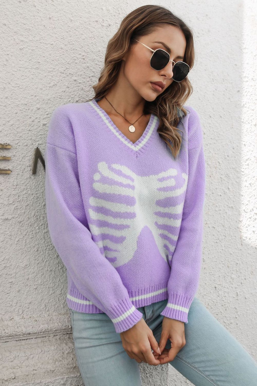 Skeleton Pattern V-Neck Long Sleeve Pullover Sweater-Teresa&#39;s Fashionista LLC