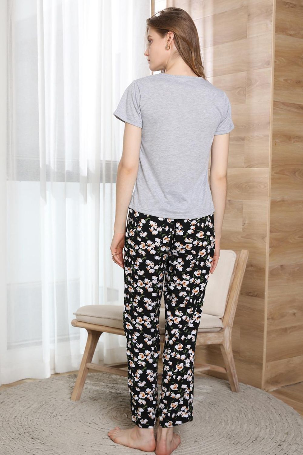 Round Neck T-Shirt and Floral Pants Lounge Set-Teresa&#39;s Fashionista LLC