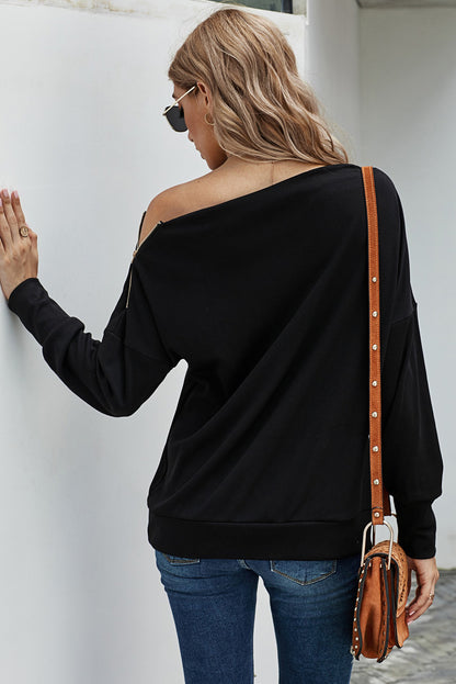 Zipper Detail Boat Neck Dropped Shoulder Sweatshirt-Teresa&#39;s Fashionista LLC