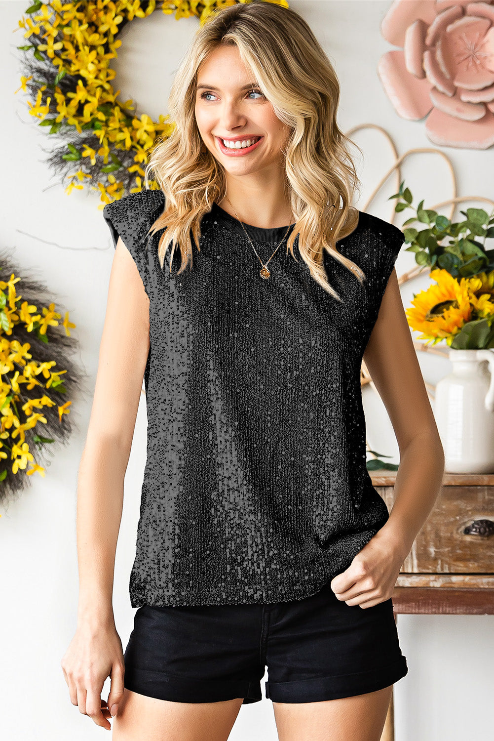 Sequin Round Neck Capped Sleeve Tank-Teresa&#39;s Fashionista LLC