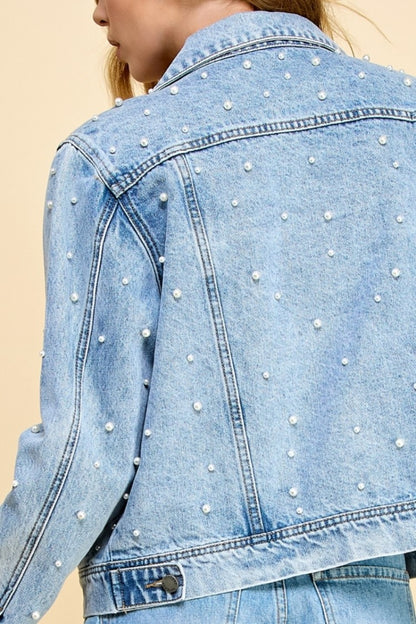 Veveret Button Up Pearl Detail Long Sleeve Denim Jacket-Teresa&#39;s Fashionista LLC