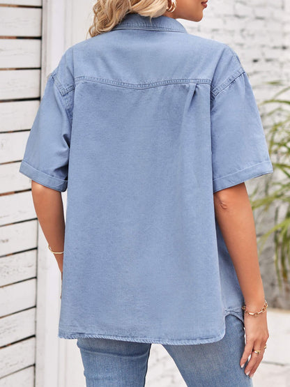 Collared Neck Short Sleeve Denim Jacket-Teresa&#39;s Fashionista LLC