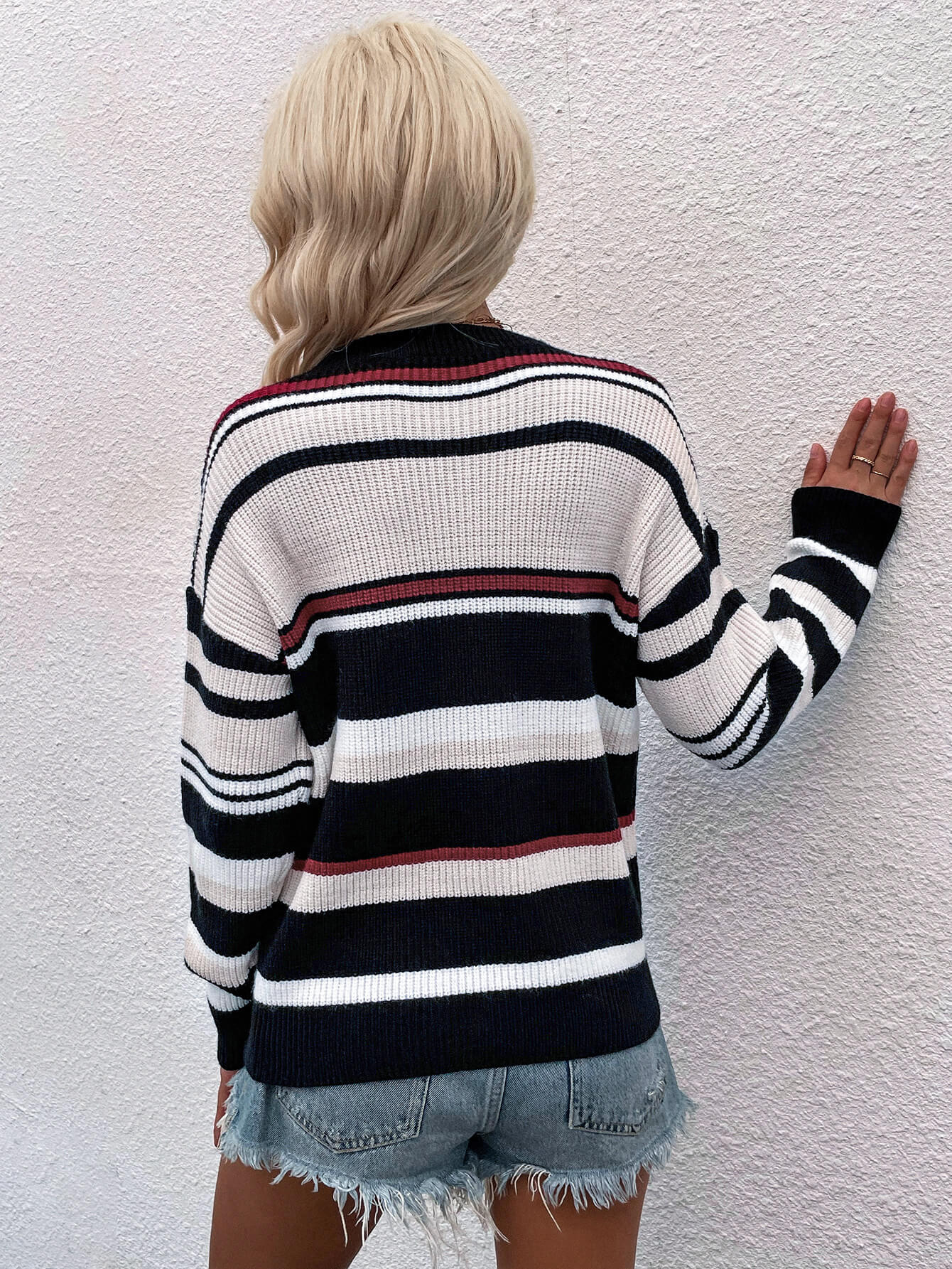 Striped Drop Shoulder Round Neck Pullover Sweater-Teresa&#39;s Fashionista LLC