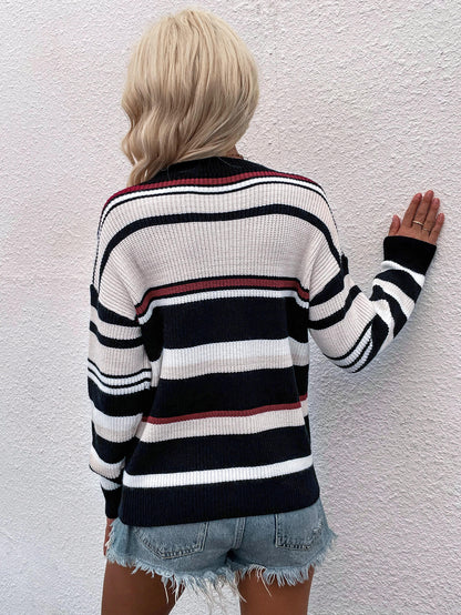 Striped Drop Shoulder Round Neck Pullover Sweater-Teresa&#39;s Fashionista LLC