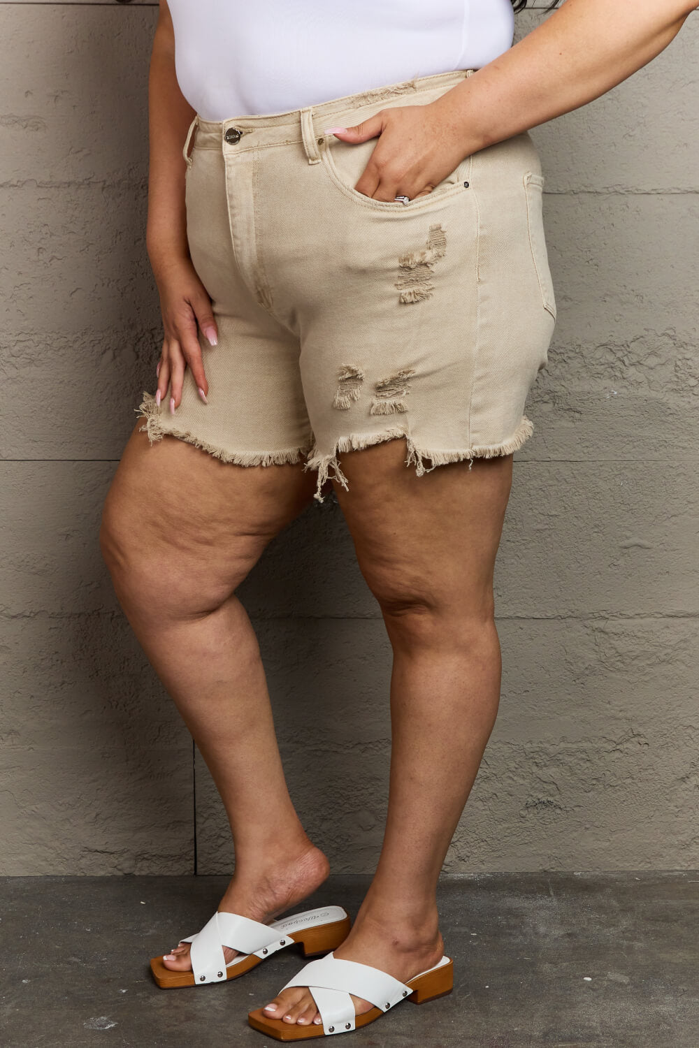 RISEN Katie Full Size High Waisted Distressed Shorts in Sand-Teresa&#39;s Fashionista LLC