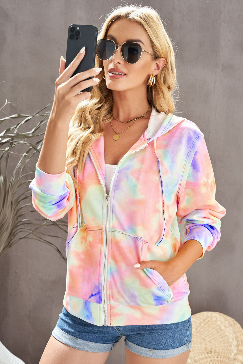 Tie-Dye Drawstring Detail Zip Up Hooded Jacket-Teresa&#39;s Fashionista LLC