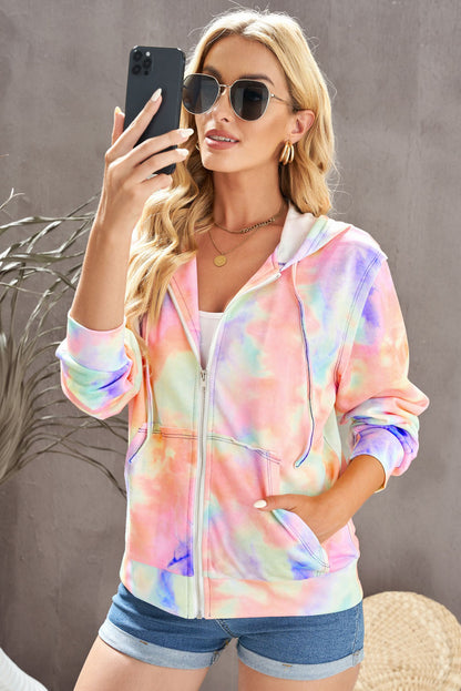 Tie-Dye Drawstring Detail Zip Up Hooded Jacket-Teresa&#39;s Fashionista LLC