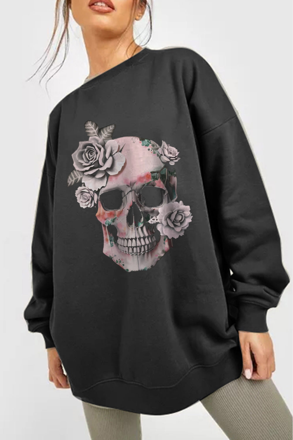 Simply Love Simply Love Full Size Dropped Shoulder SKULL Graphic Sweatshirt-Teresa&#39;s Fashionista LLC