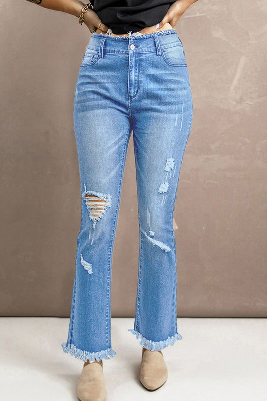 High Waist Distressed Raw Hem Jeans-Teresa&#39;s Fashionista LLC