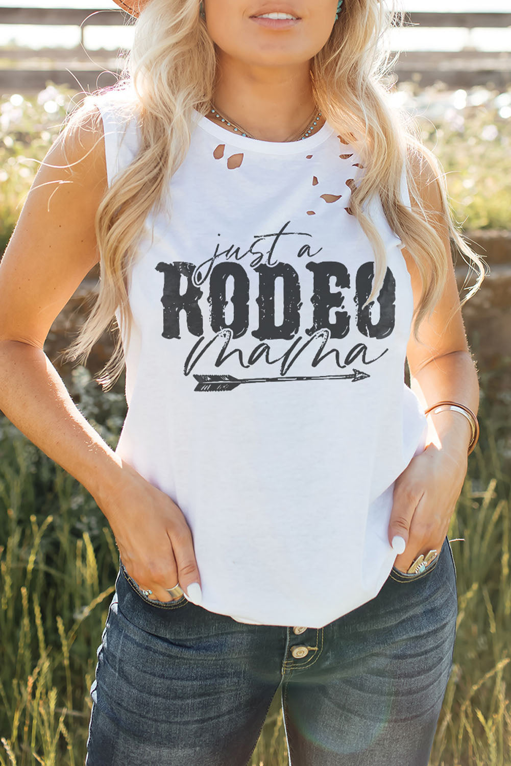 JUST A RODEO MAMA Graphic Distressed Tank-Teresa&#39;s Fashionista LLC