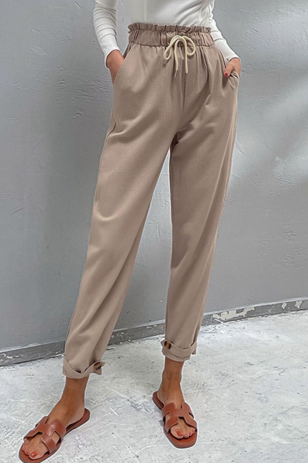 Drawstring Paperbag Waist Button Detail Pants-Teresa&#39;s Fashionista LLC