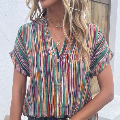 Multicolored Stripe Notched Neck Top-Teresa&#39;s Fashionista LLC