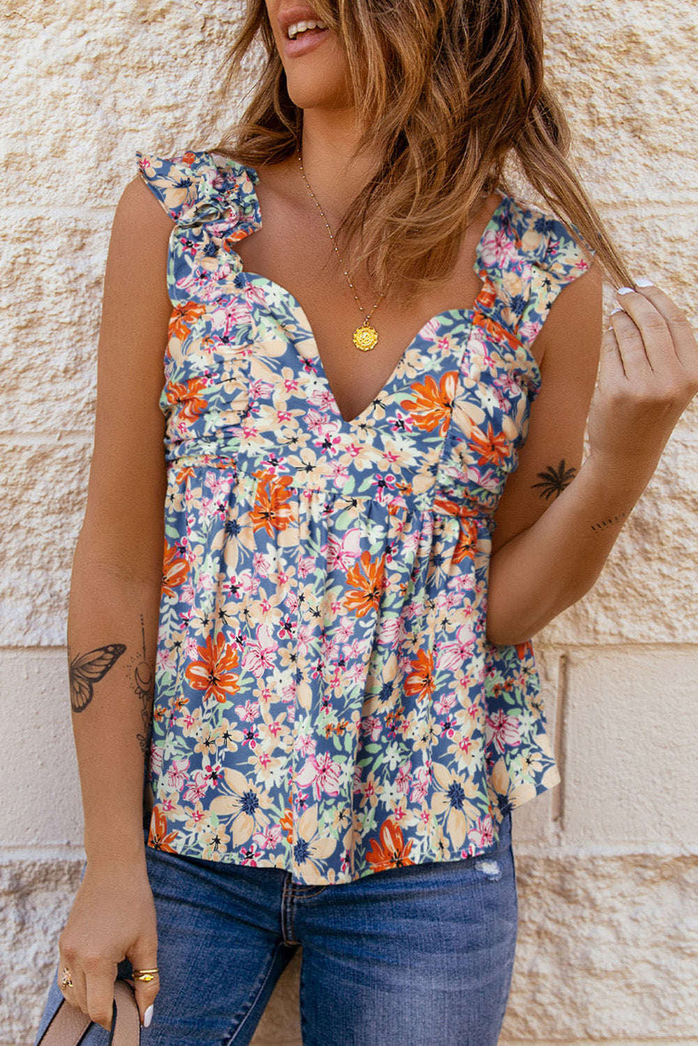 Floral Smocked Cap Sleeve Top-Teresa&#39;s Fashionista LLC